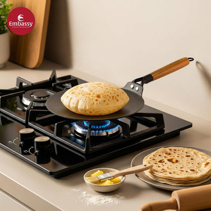 Embassy Touchstone Cast Iron Roti Tawa with Wooden Handle | Induction & gas Stove Compatible |