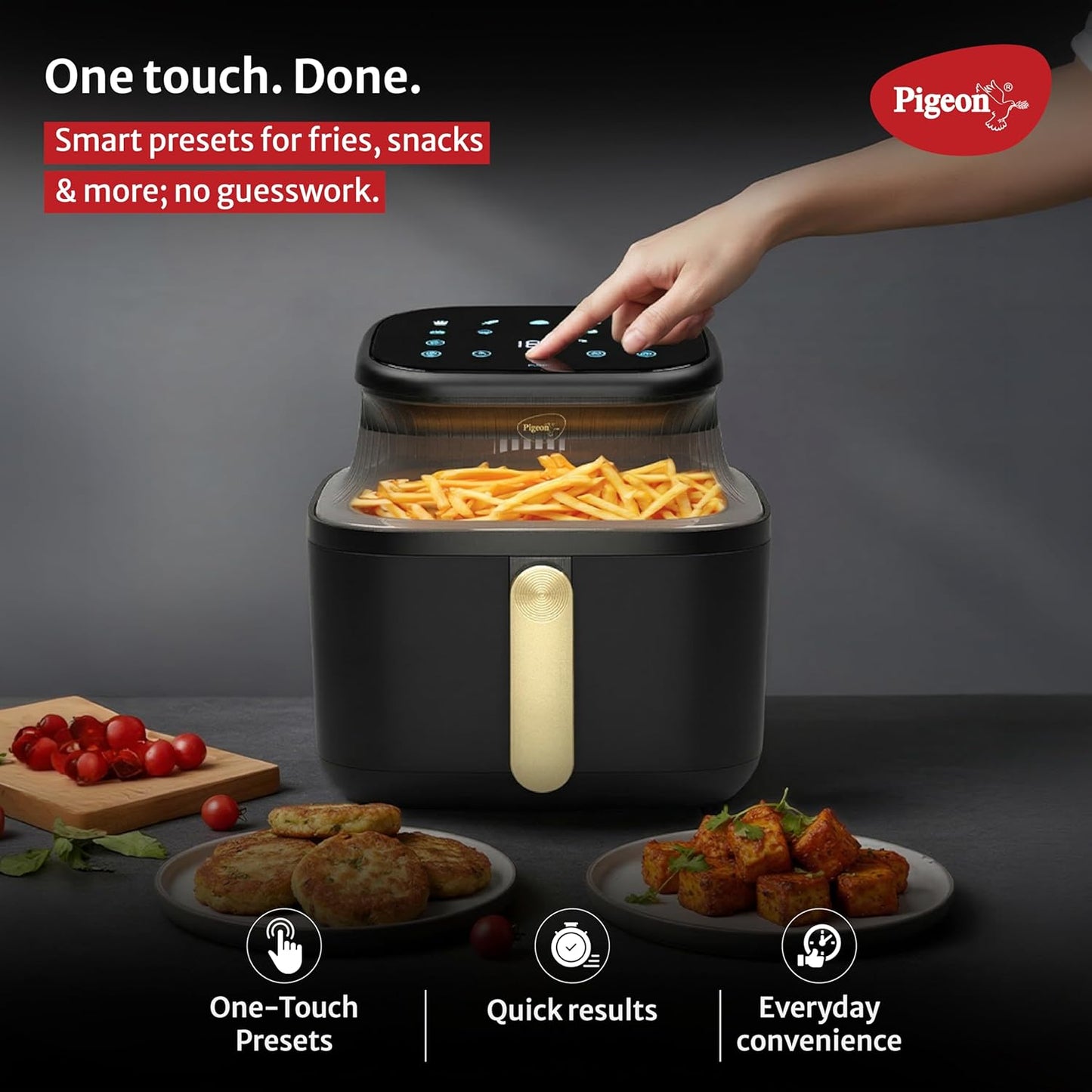 Pigeon Healthifry Digital Air Fryer | 5.4 Litre | 1500 Watts | See Through Glass Window | 80% Less Oil | Non-Stick Basket | Touch Control |