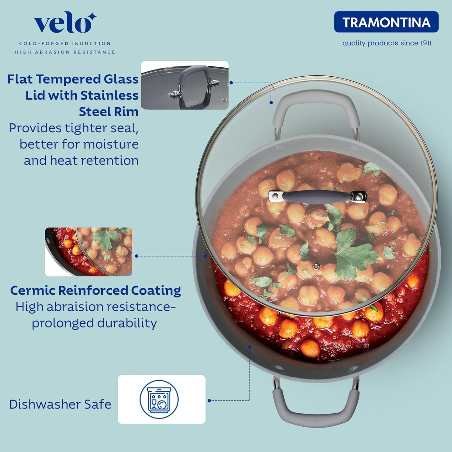 Tramontina Velo Forged Deep Kadai | 28 cm | Glass Lid | Silicone Grip Handles | Cook & Serve |