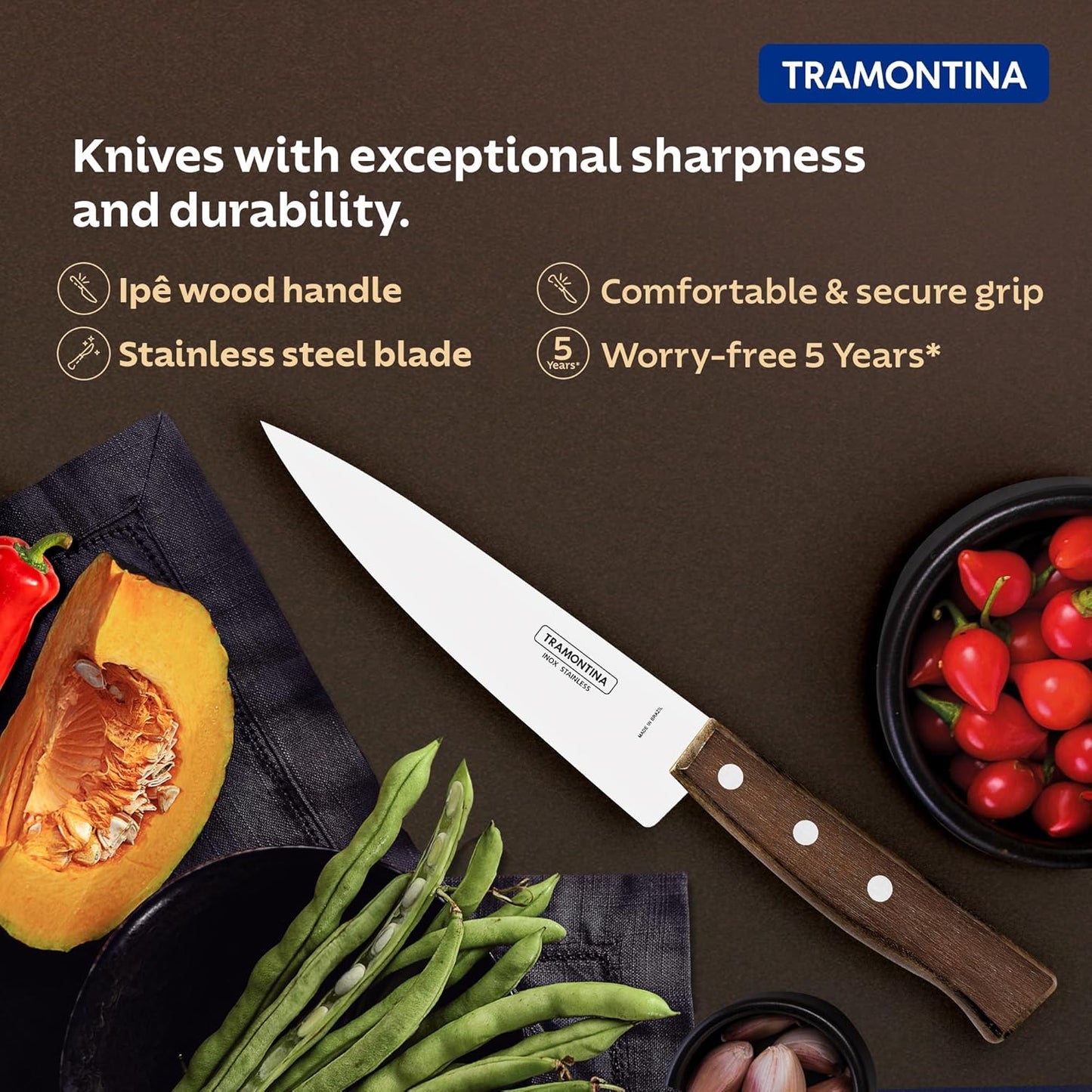 Tramontina Tradicional Chef Knife | Chopping Knife | 5 Year Warranty | Brown Ipe Wooden Handle |