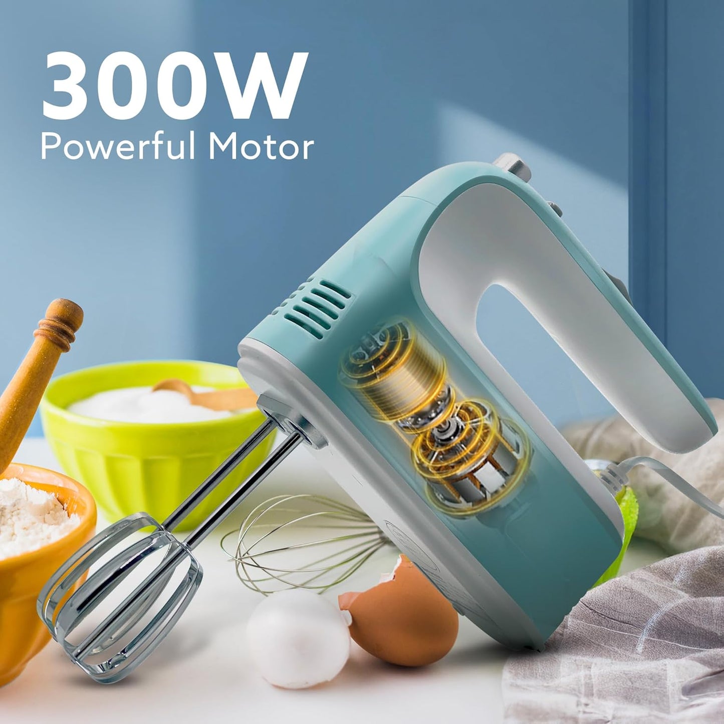 Agaro Regency 300W Hand Mixer | 5 speed | Beater & Dough Hooks | Sea Green |
