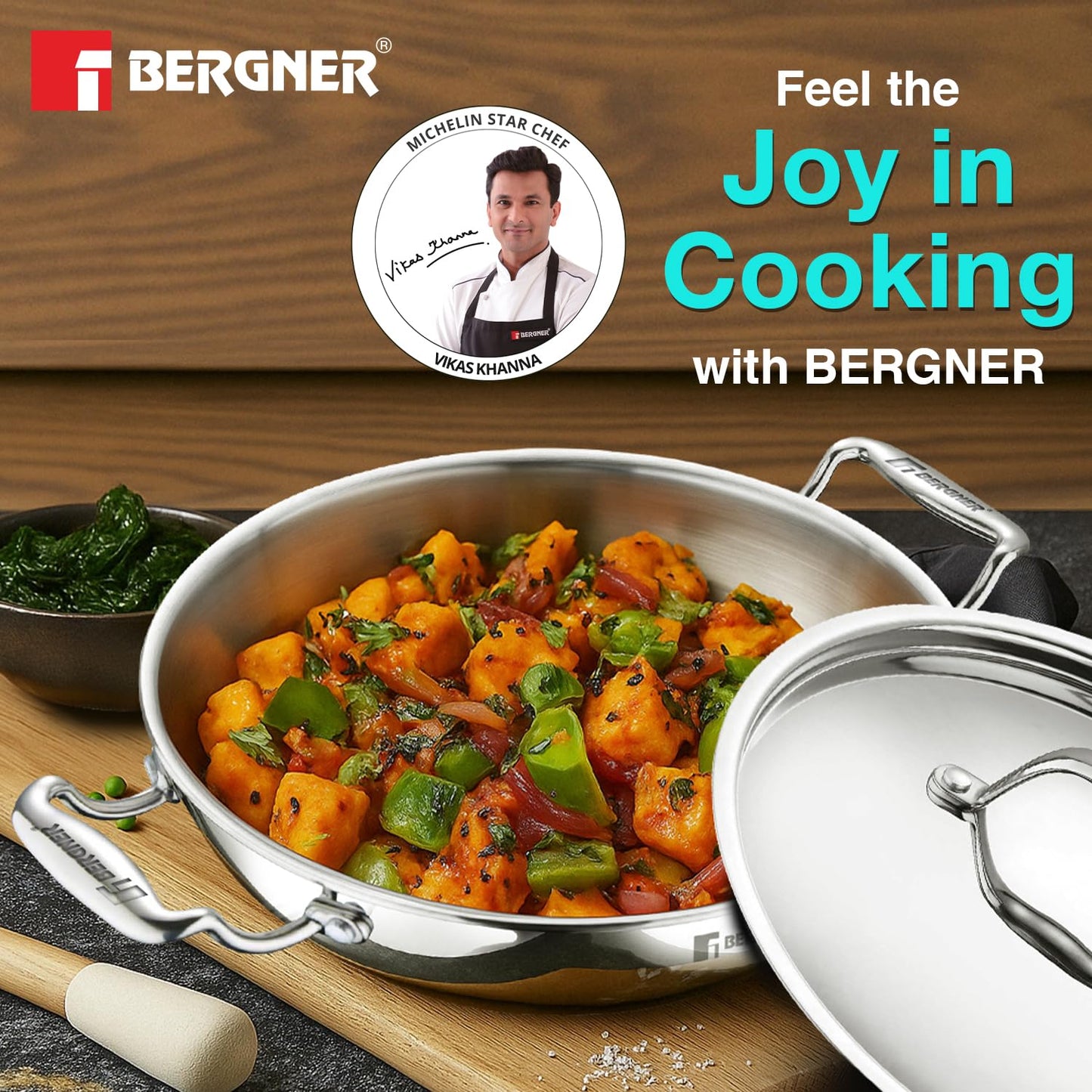 Bergner Argent Kadai with Stainless Steel Lid | 22 cm | 2 L | Even and Faster Heating |