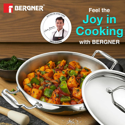 Bergner Argent Kadai with Stainless Steel Lid | 22 cm | 2 L | Even and Faster Heating |