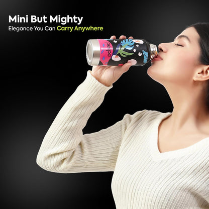 Pexpo Bravo Stainless Steel Water Bottle | 300 ml | Black Leaf-Printed | Hot & Cold |