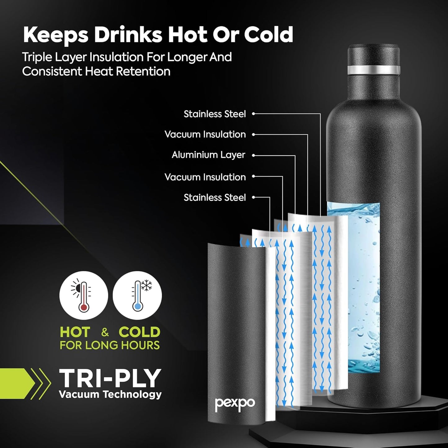 Pexpo Stainless Steel Water Bottle | 1 L | Hot and Cold Flask | Black |