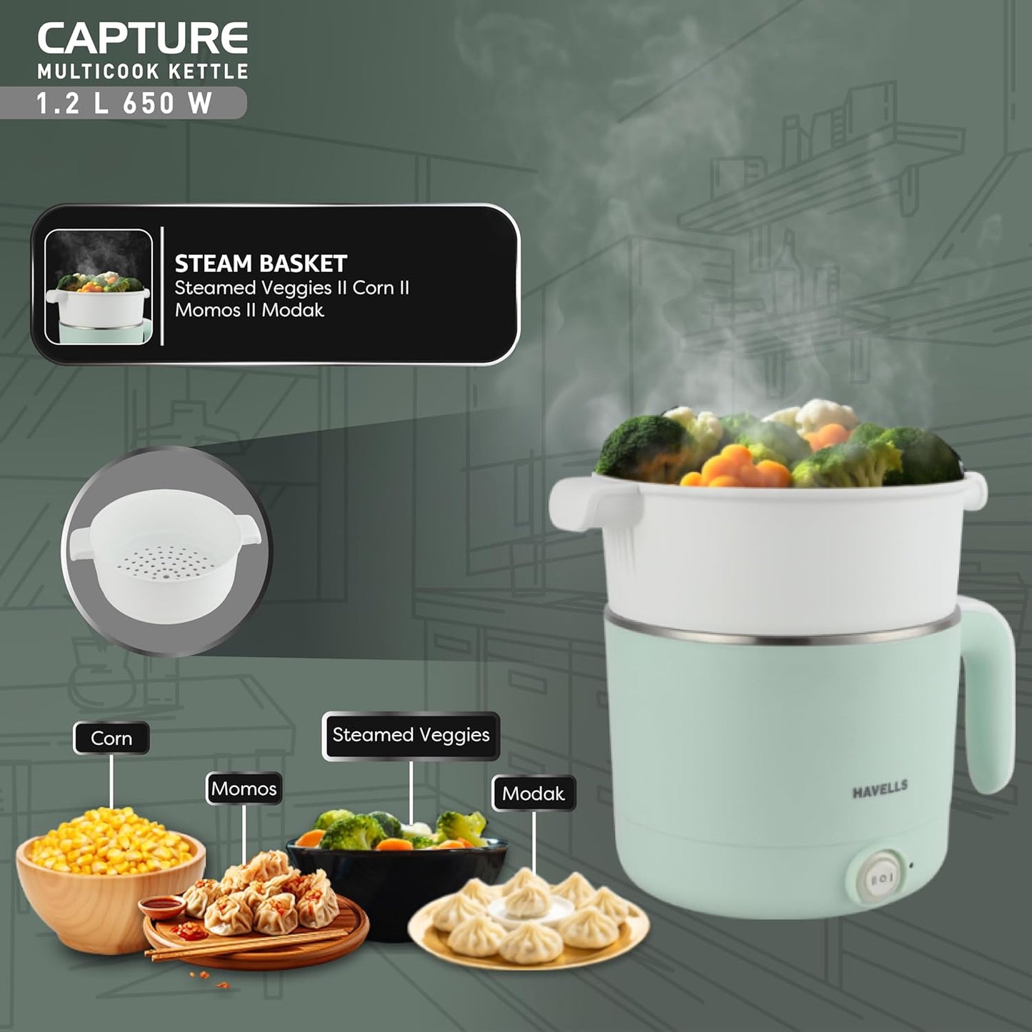 Havells Capture | 1.2 L | Multi-Cook Electric Kettle with Steamer | 650W | 304 Stainless Steel |