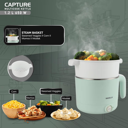 Havells Capture | 1.2 L | Multi-Cook Electric Kettle with Steamer | 650W | 304 Stainless Steel |