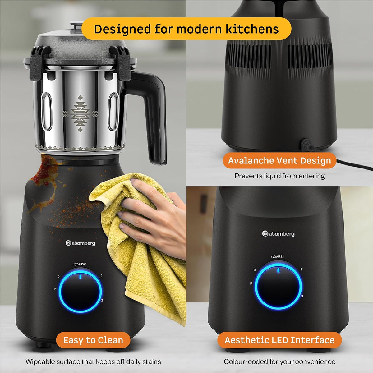 Atomberg Tavi Mixer Grinder | 4 Jars Including Chopper Jar | Unique Coarse Mode for Silbatta-Like Texture |