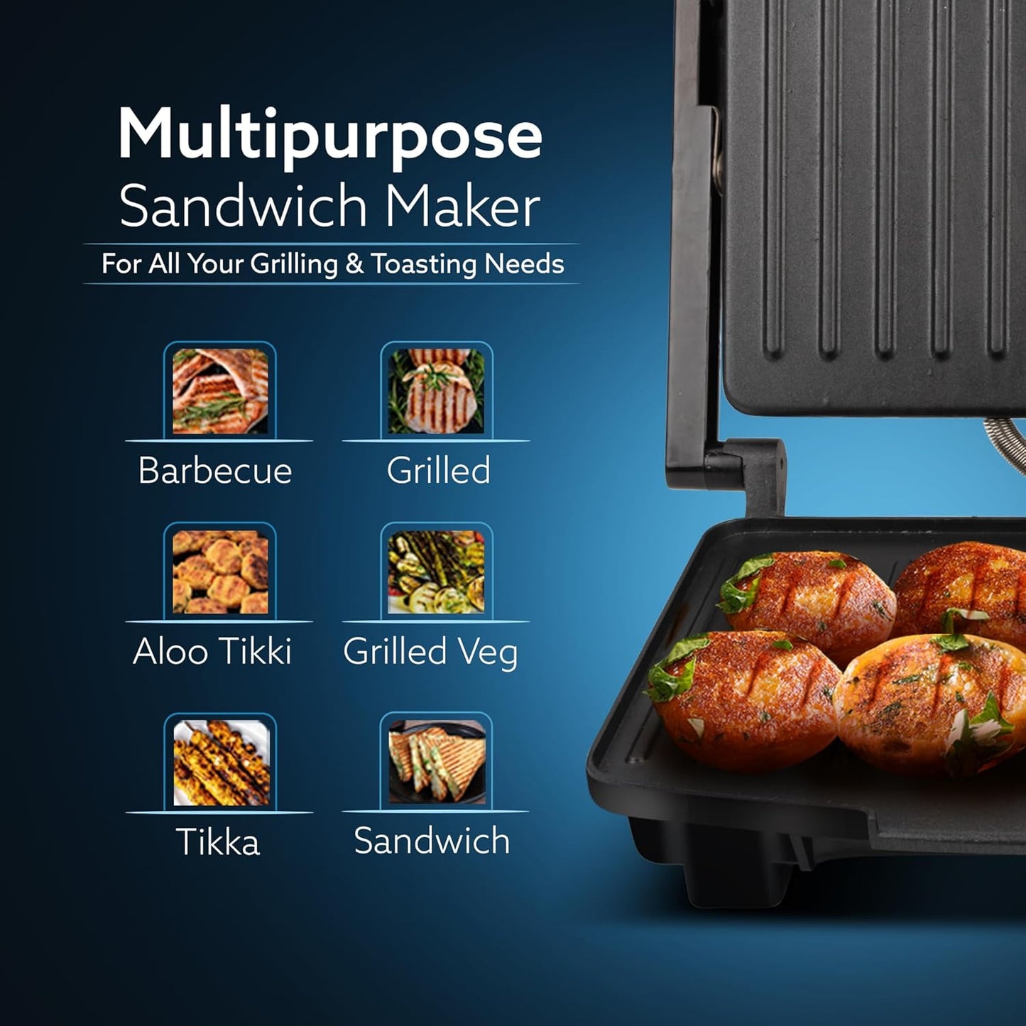 Agaro Royal Grill Sandwich Maker | 1000W | Panini/Grill/Toast | Black |