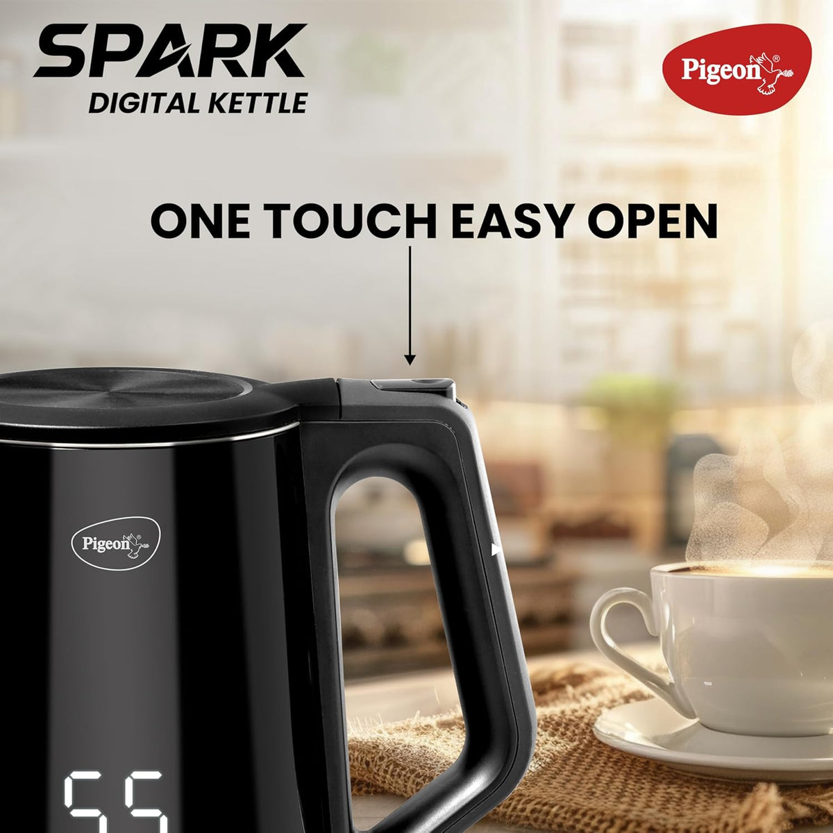 Pigeon Spark Digital Stainless Steel Double Walled Kettle | 1.5 Litre | 360 Degree Cordless | Black |
