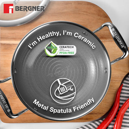 Bergner Hi-Tech Grio X Ceramic Kadai with Glass Lid | 20 cm | 1.5 Litres | Metal Spatula Safe |