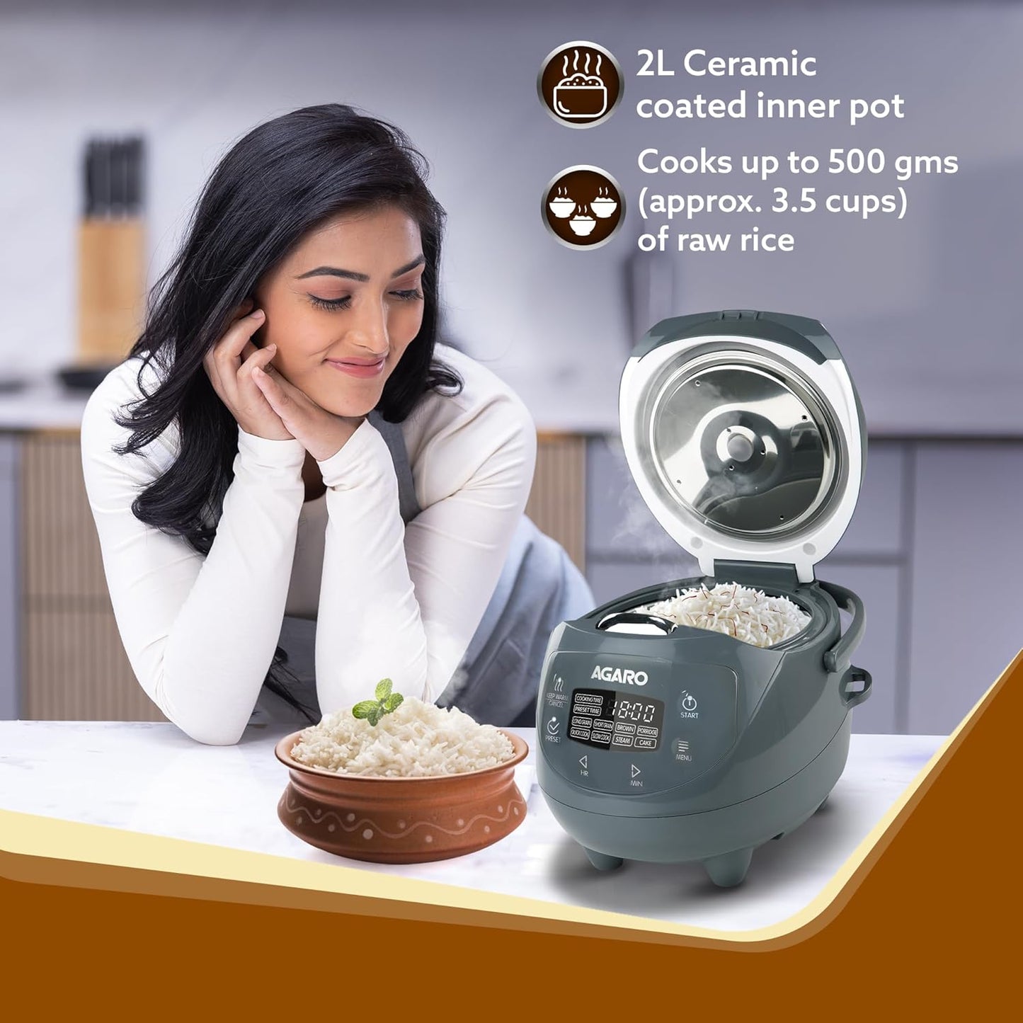 Agaro Imperial Electric Rice Cooker | 2L | 8 Preset Cooking Function | Unique design |