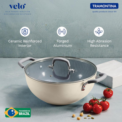 Tramontina Velo Forged Deep Kadai | 28 cm | Glass Lid | Silicone Grip Handles | Cook & Serve |