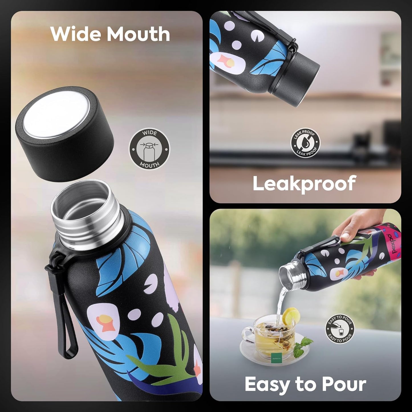 Pexpo Bravo Stainless Steel Water Bottle | 700 ml | Black Leaf-Printed | Hot & Cold |