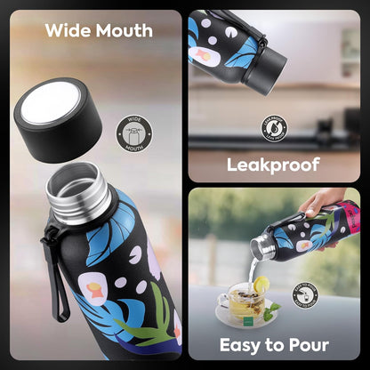 Pexpo Bravo Stainless Steel Water Bottle | 700 ml | Black Leaf-Printed | Hot & Cold |