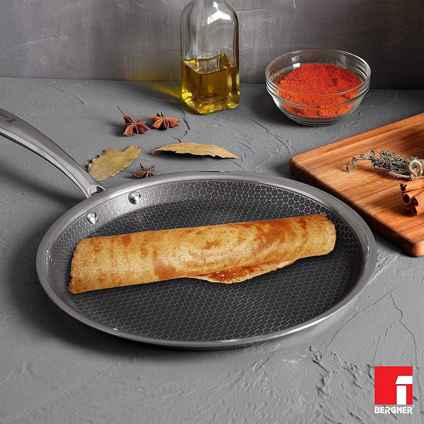 Bergner Hitech Prism 2.0 Non-Stick Stainless Steel Dosa Tawa | 28cm | Induction Base |