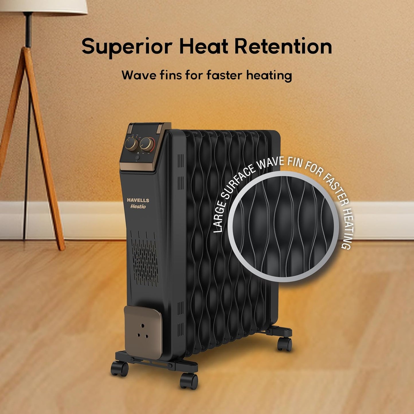 Havells 13 Fin Hestio Wave Fin OFR (Oil Filled Radiator) | Room Heater | 2900 W | 3 Heat Settings