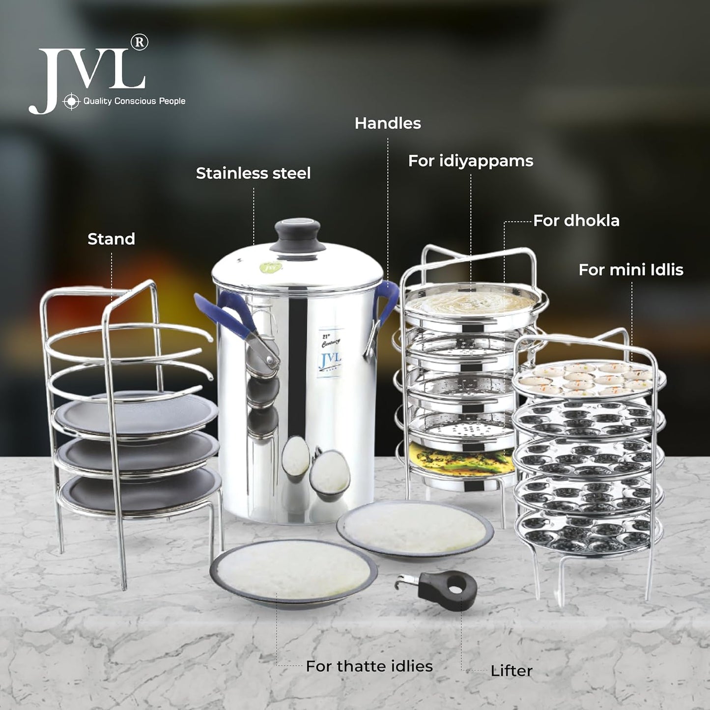 JVL Stainless Steel Thatte Idly Maker | 5 Thatte Idly,| 5 Idiyappam/Dhokla | 5 Mini Idly |