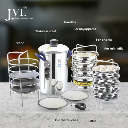 JVL Stainless Steel Thatte Idly Maker | 5 Thatte Idly,| 5 Idiyappam/Dhokla | 5 Mini Idly |