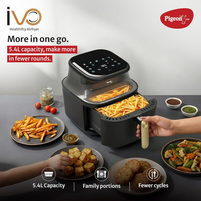Pigeon Healthifry Digital Air Fryer | 5.4 Litre | 1500 Watts | See Through Glass Window | 80% Less Oil | Non-Stick Basket | Touch Control |