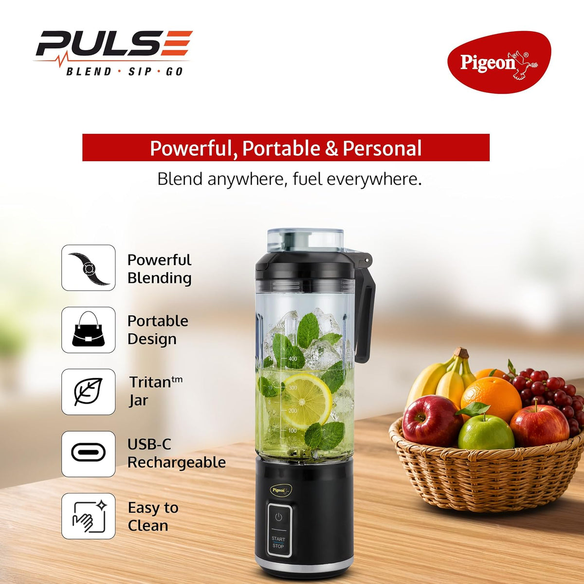 Pigeon Pulse Portable Cordless Blender | USB C Rechargeable | Ice and Frozen Fruit Crusher | Black |