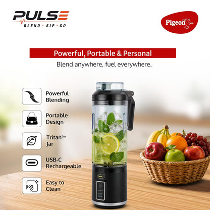 Pigeon Pulse Portable Cordless Blender | USB C Rechargeable | Ice and Frozen Fruit Crusher | Black |