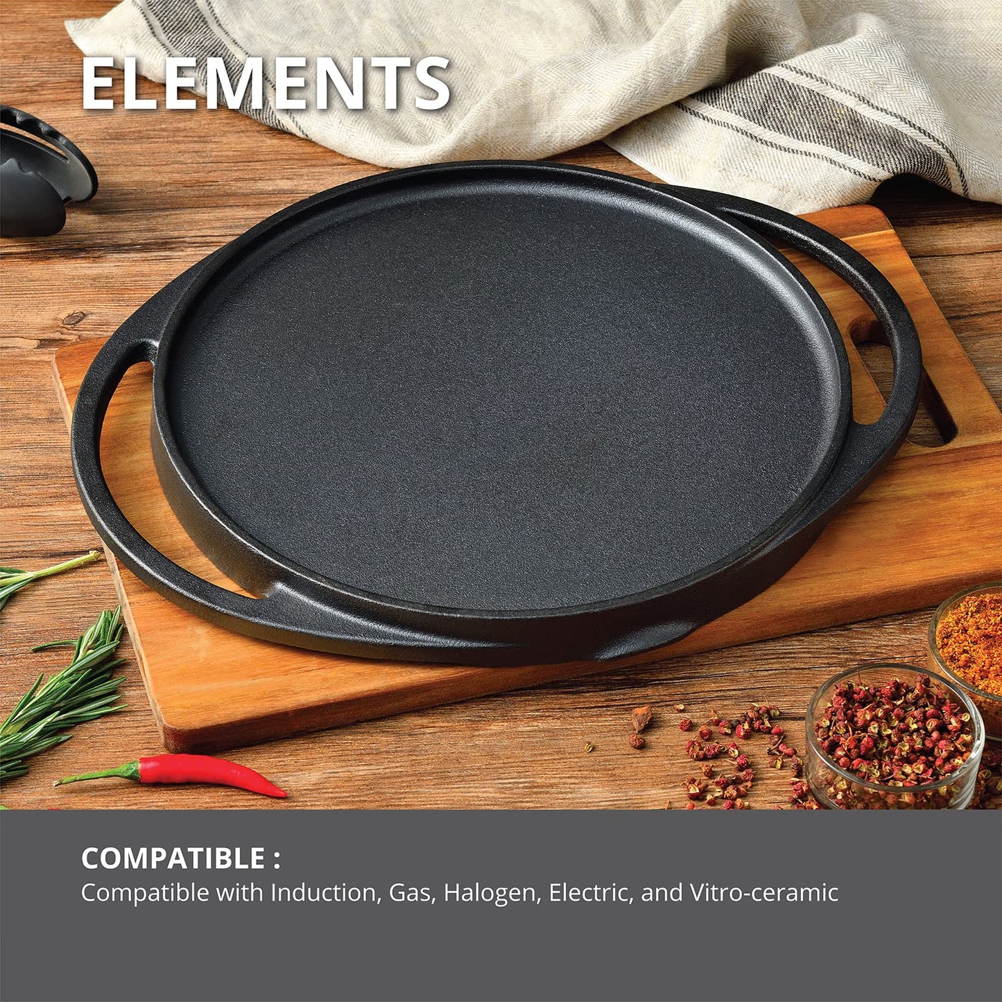 BERGNER Elements Cast Iron Reversible Grill Pan | 30 cm | Pre-Seasoned, Grilling & Cooking |