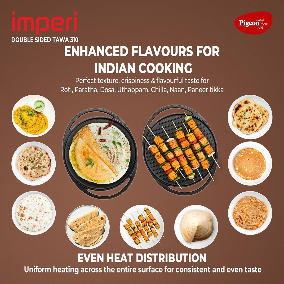 Pigeon Imperi Cast iron Double Side Tawa | 310 mm | Pre-Seasoned | Toxin free | Strong & Durable |