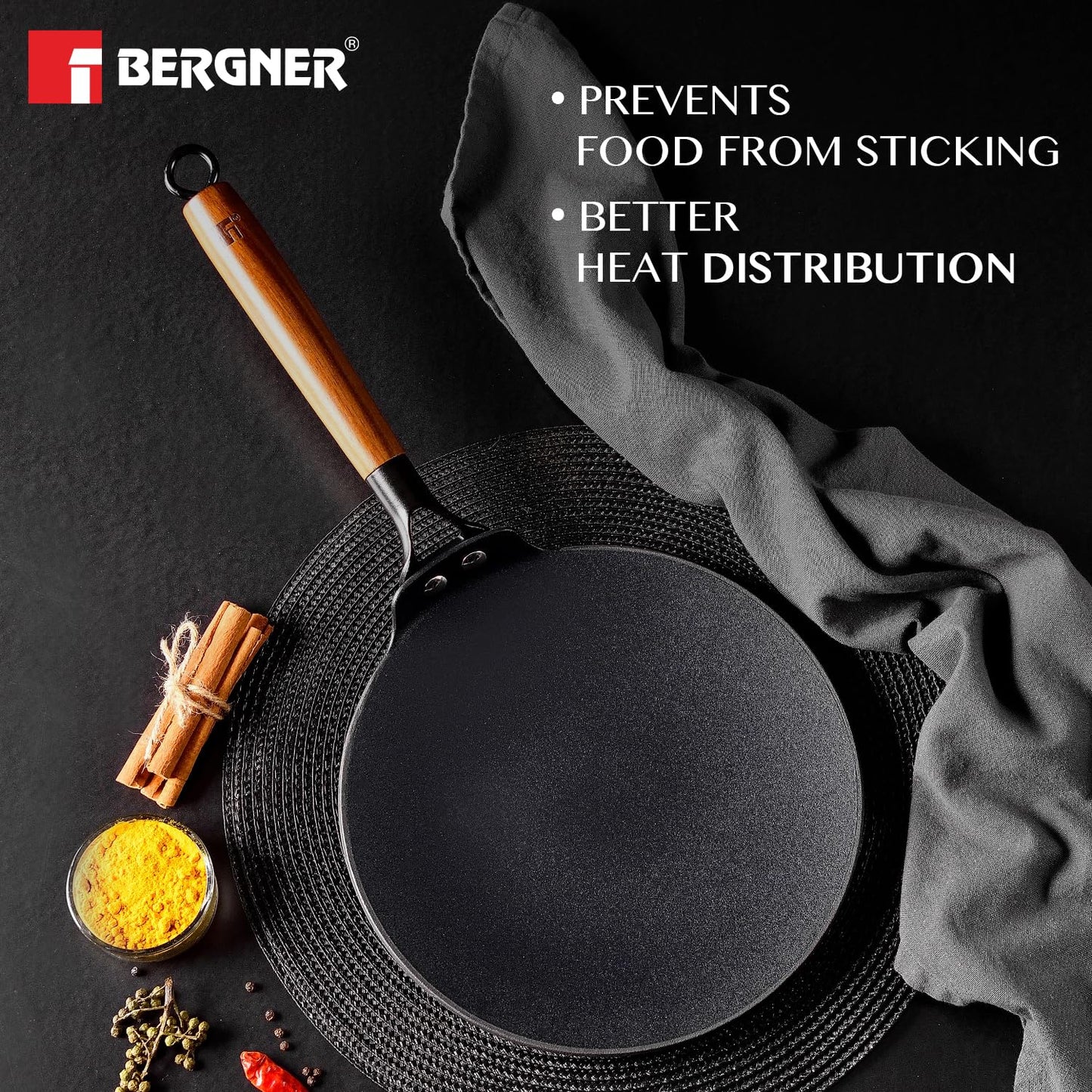 Bergner Odin Cast Iron roti Tawa with Wooden Coated Handle  | 22 cm | Lightweight |