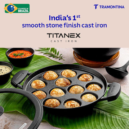 Tramontina Titanex Pre-Seasoned Cast Iron Paniyaram | 7 Pitx | 20 cm | Toughned Glass Lid |