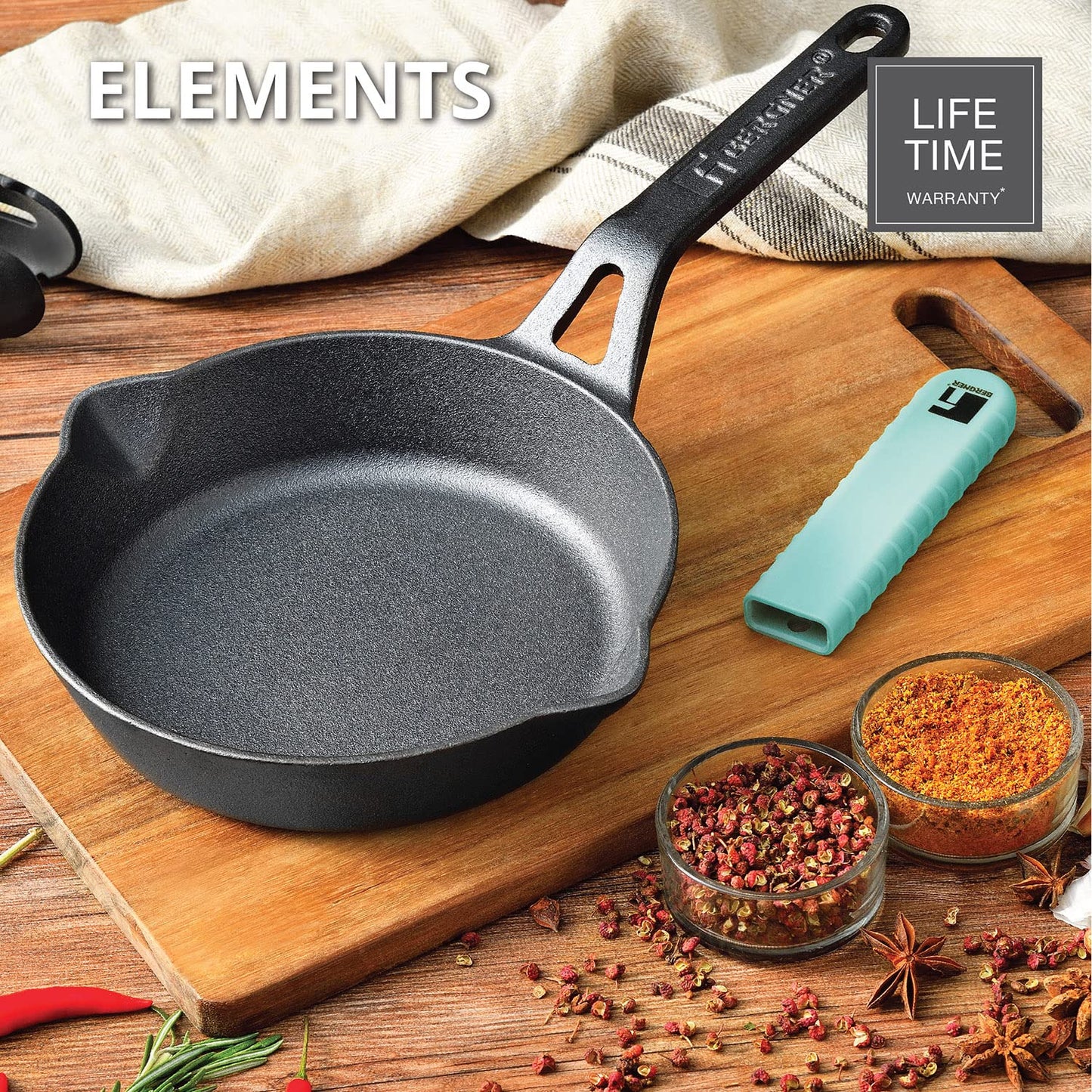 Bergner Elements Cast Iron Fry Pan | 20cm | Silicone Handle | Teal Blue |  Induction Bottom and Gas Stove Ready |
