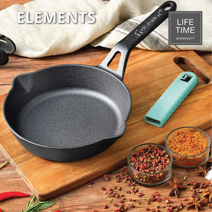 Bergner Elements Cast Iron Fry Pan | 20cm | Silicone Handle | Teal Blue |  Induction Bottom and Gas Stove Ready |