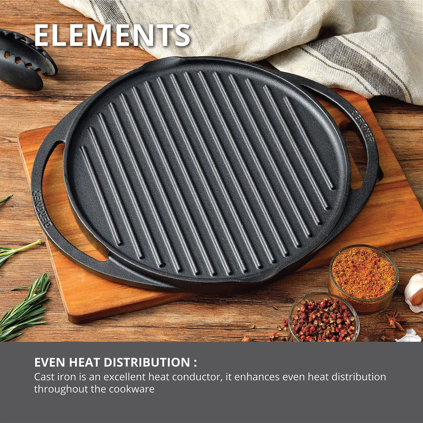 BERGNER Elements Cast Iron Reversible Grill Pan | 30 cm | Pre-Seasoned, Grilling & Cooking |