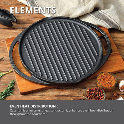 BERGNER Elements Cast Iron Reversible Grill Pan | 30 cm | Pre-Seasoned, Grilling & Cooking |
