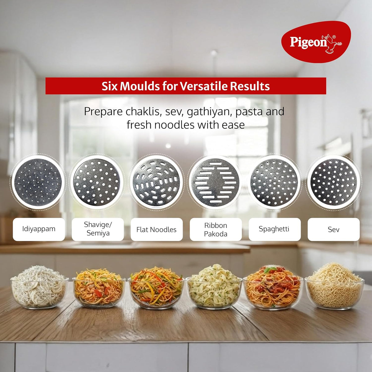 Pigeon Instamami Automatic Noodle Maker | 6 Moulds | Idiyappam & Pasta Maker | Portable |