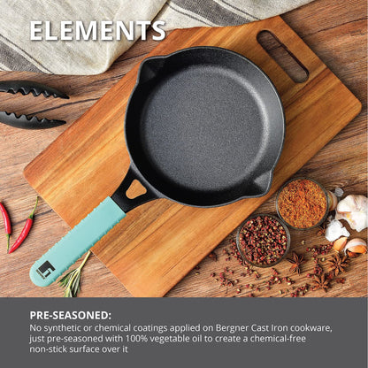 Bergner Elements Cast Iron Fry Pan | 20cm | Silicone Handle | Teal Blue |  Induction Bottom and Gas Stove Ready |