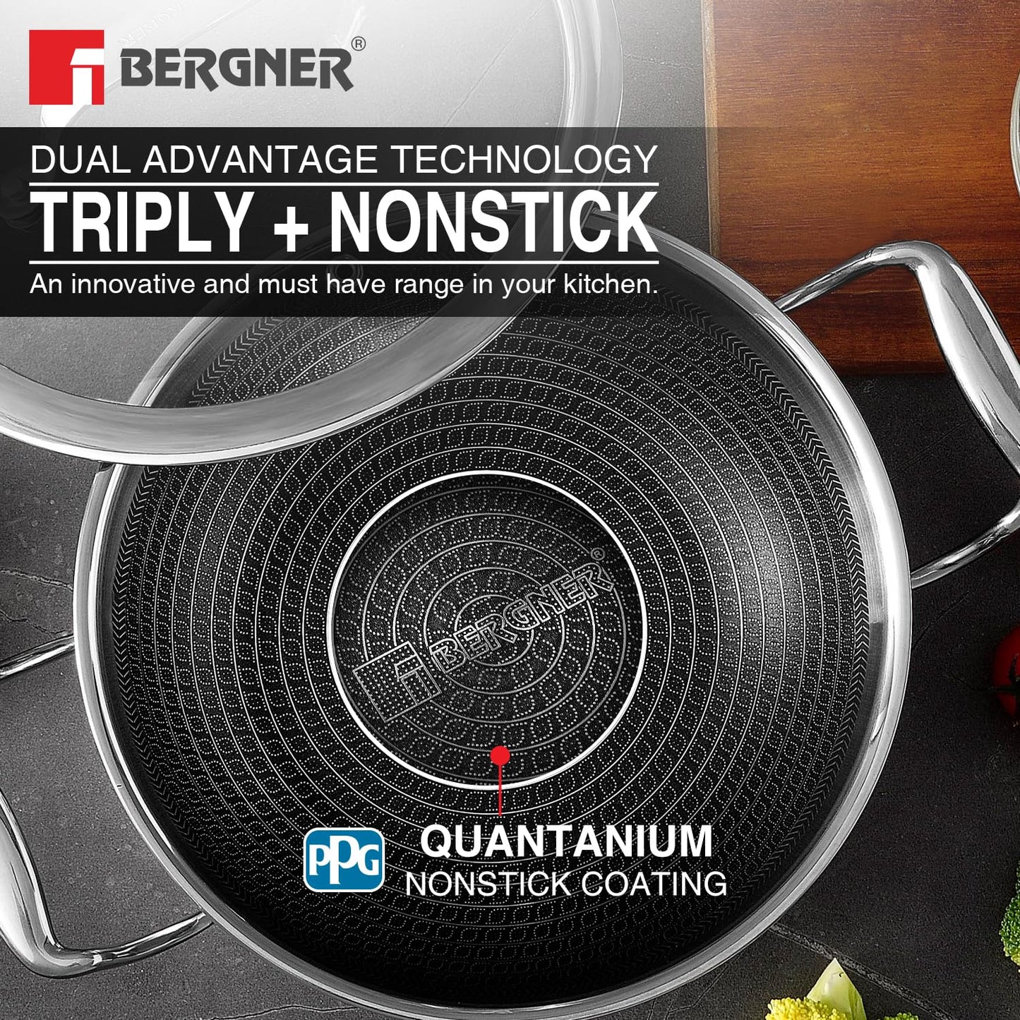 Bergner Hi-Tech TriPly Stainless Steel Kadai with Glass Lid | 20cm | 1.5 L | Non-Stick Coating |