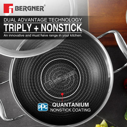 Bergner Hi-Tech TriPly Stainless Steel Kadai with Glass Lid | 20cm | 1.5 L | Non-Stick Coating |