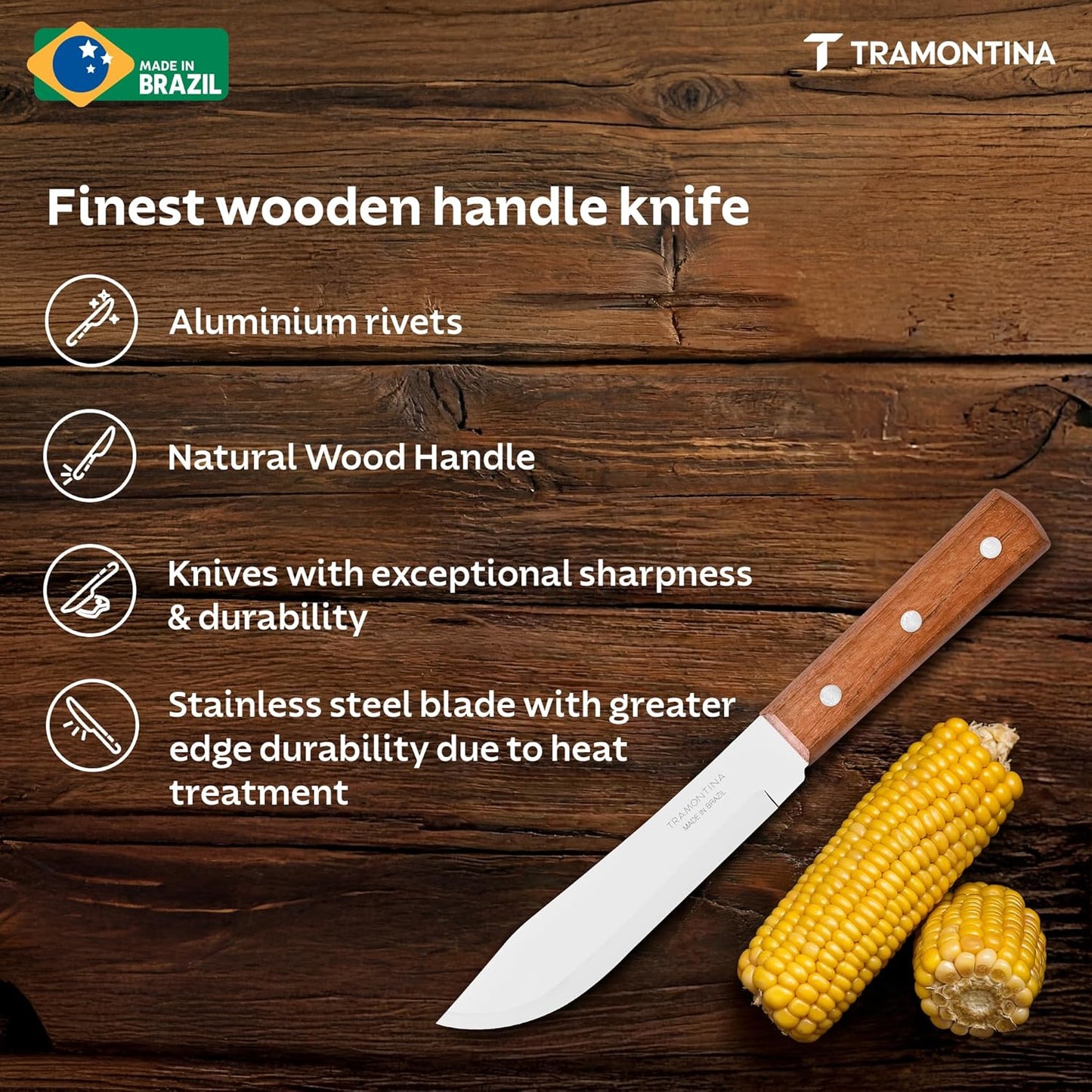 Tramontina Dynamic Butcher Knife | Heat-Treated Stainless Steel Blade | Natural Wood | 17 cm |