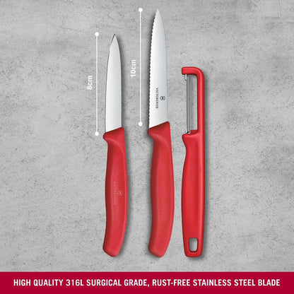 Victorinox Swiss Made Stainless Steel Swiss Classic Paring Knife | 8,10 cm | I-Peeler Set 3 Pcs | Red |