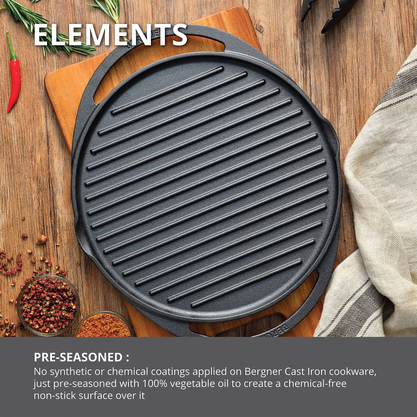 BERGNER Elements Cast Iron Reversible Grill Pan | 30 cm | Pre-Seasoned, Grilling & Cooking |