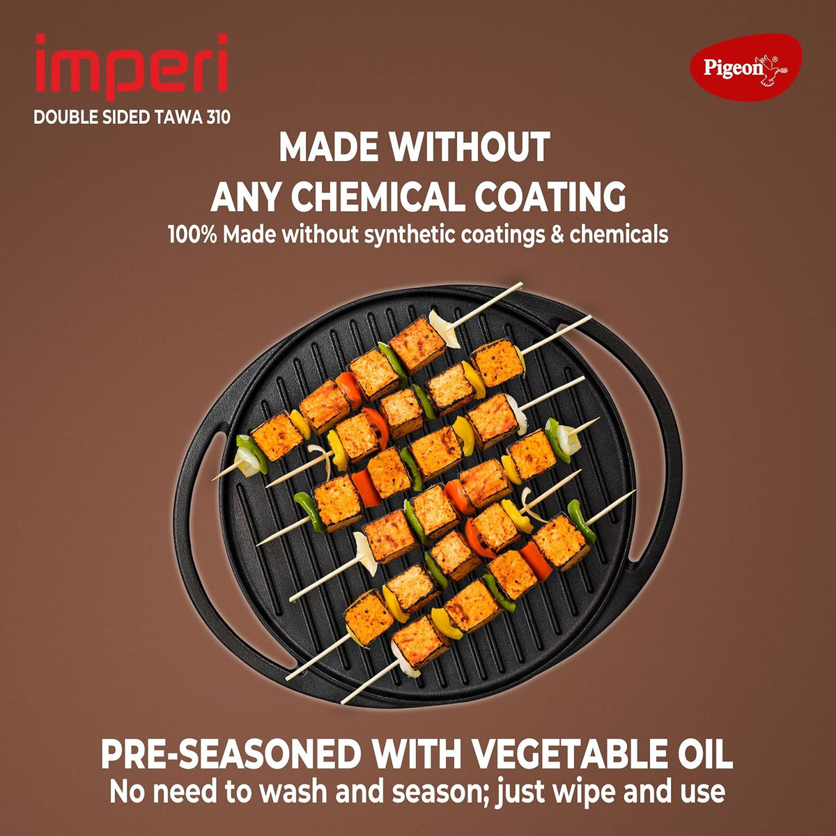 Pigeon Imperi Cast iron Double Side Tawa | 310 mm | Pre-Seasoned | Toxin free | Strong & Durable |
