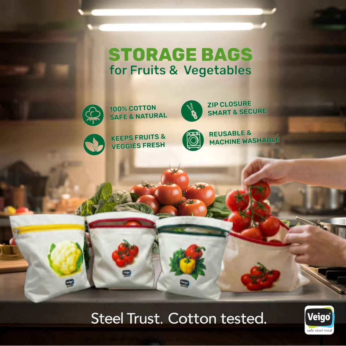 Veigo Cotton Storage Bags for Vegetables & Fruits | Set of 6 |  Eco-friendly | Reusable |
