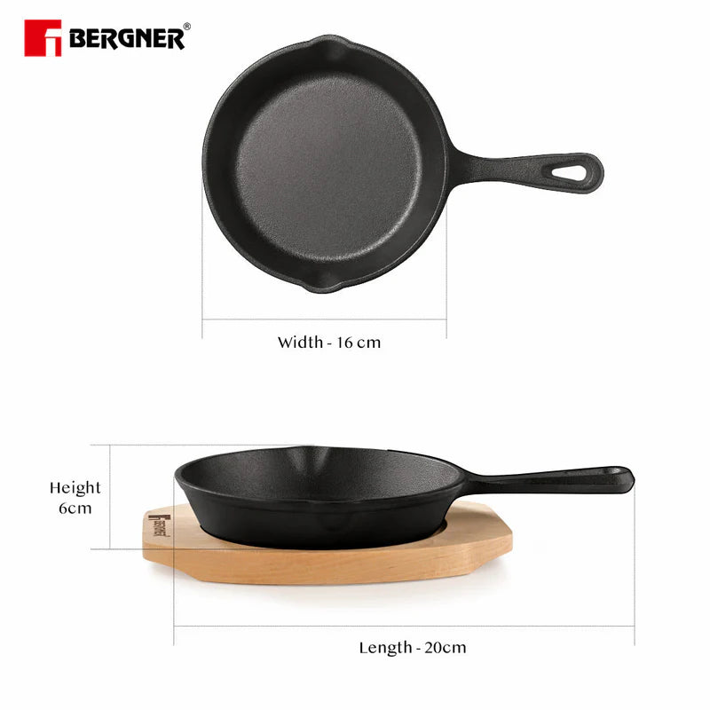 Bergner Mini Cast Iron Pan with Wooden Tray | Black | Even Heat Distribution |
