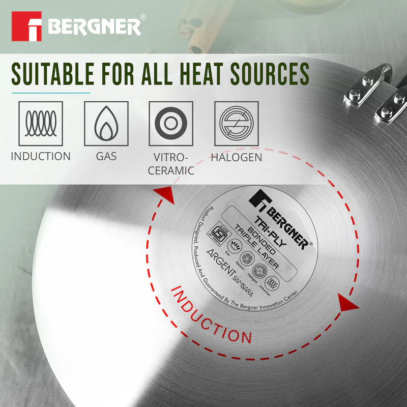 Bergner Argent Samsara Triply Stainless Steel roti Tawa | 26 cm | Induction Compatible |