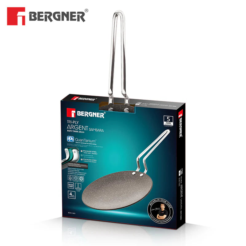 Bergner Argent Samsara Triply Stainless Steel roti Tawa | 26 cm | Induction Compatible |