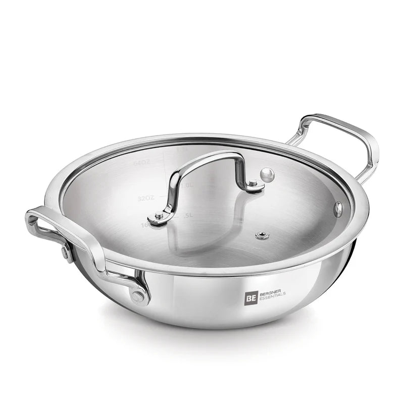 Bergner Essential Triply Stainless Steel Kadai with Glass Lid | Easy to Clean | Everyday Kitchen Use |