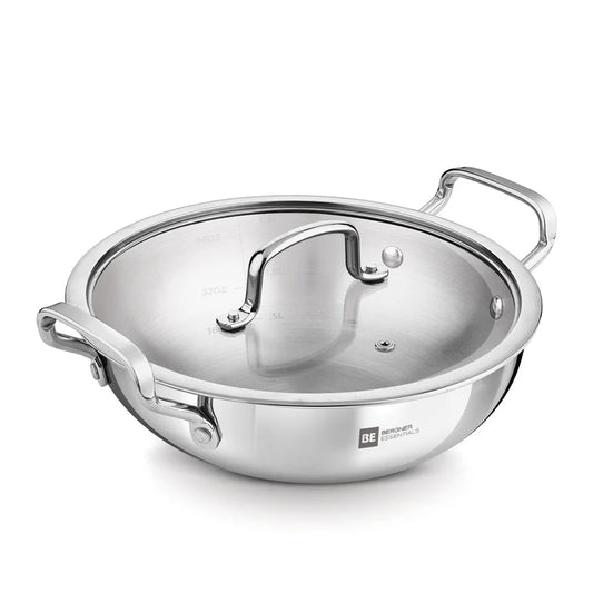 Bergner Essential Triply Stainless Steel Kadai with Glass Lid | Easy to Clean | Everyday Kitchen Use |