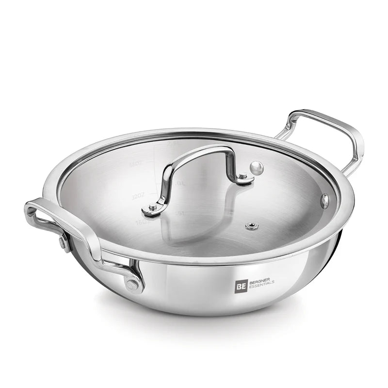 Bergner Essential Triply Stainless Steel Kadai with Glass Lid | Easy to Clean | Everyday Kitchen Use |