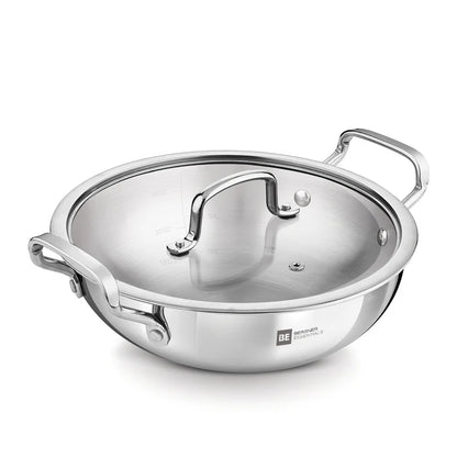 Bergner Essential Triply Stainless Steel Kadai with Glass Lid | Easy to Clean | Everyday Kitchen Use |